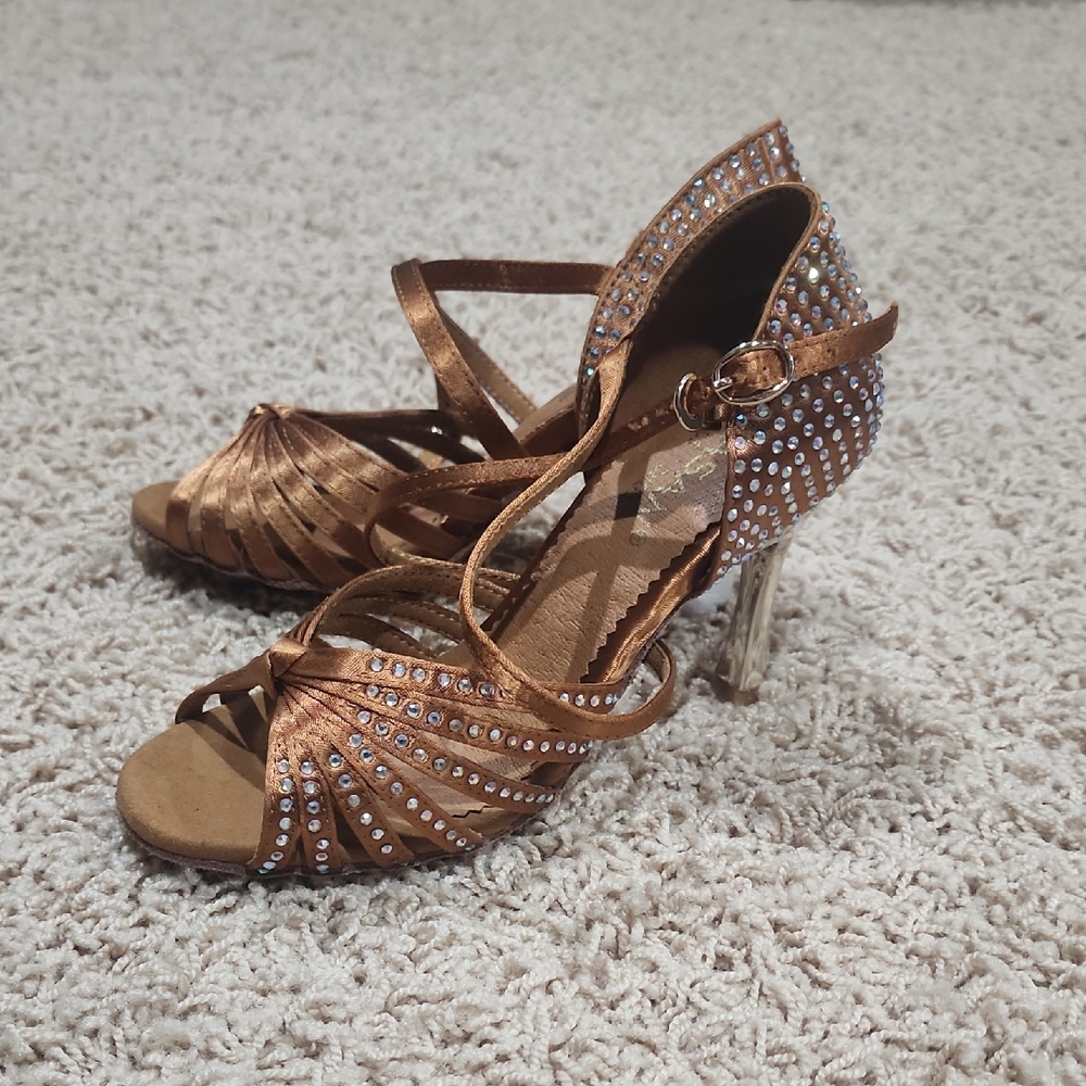 Women's Elegant Brown Strappy Heels with Rhinestones Ballroom Dancing Shoes